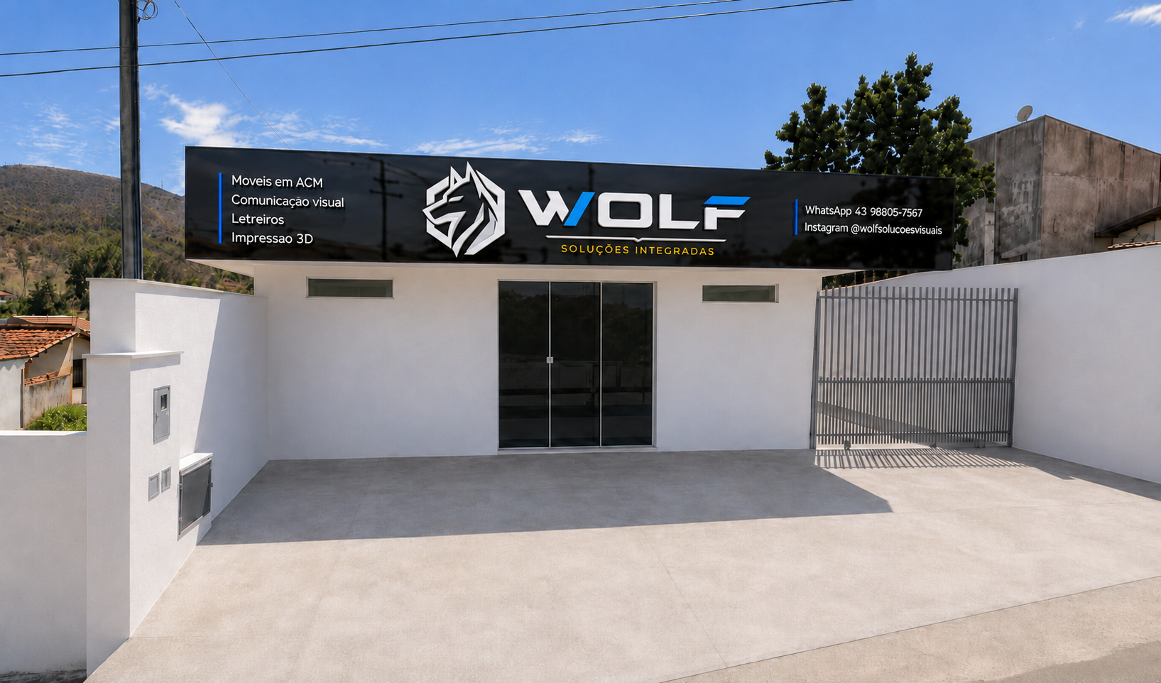 Fachada da Wolf Soluções Integradas em ACM com letreiro