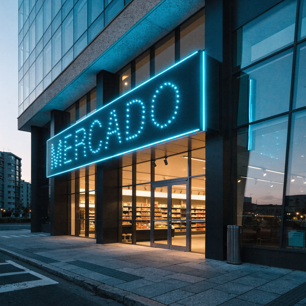 Fachada com iluminação LED azul ao entardecer