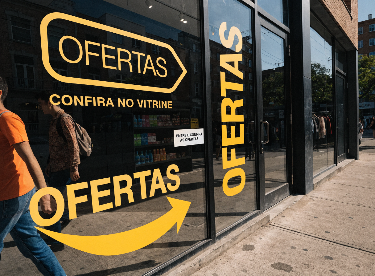 Vitrine de loja com adesivos decorativos